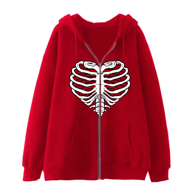 Men's Grey Heart Skull Zipper Hoodie Velvet Padded - Image 5