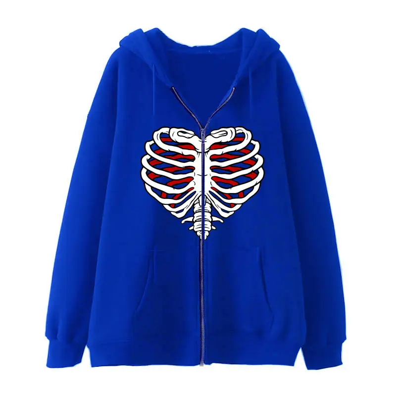 Men's Grey Heart Skull Zipper Hoodie Velvet Padded - Image 6