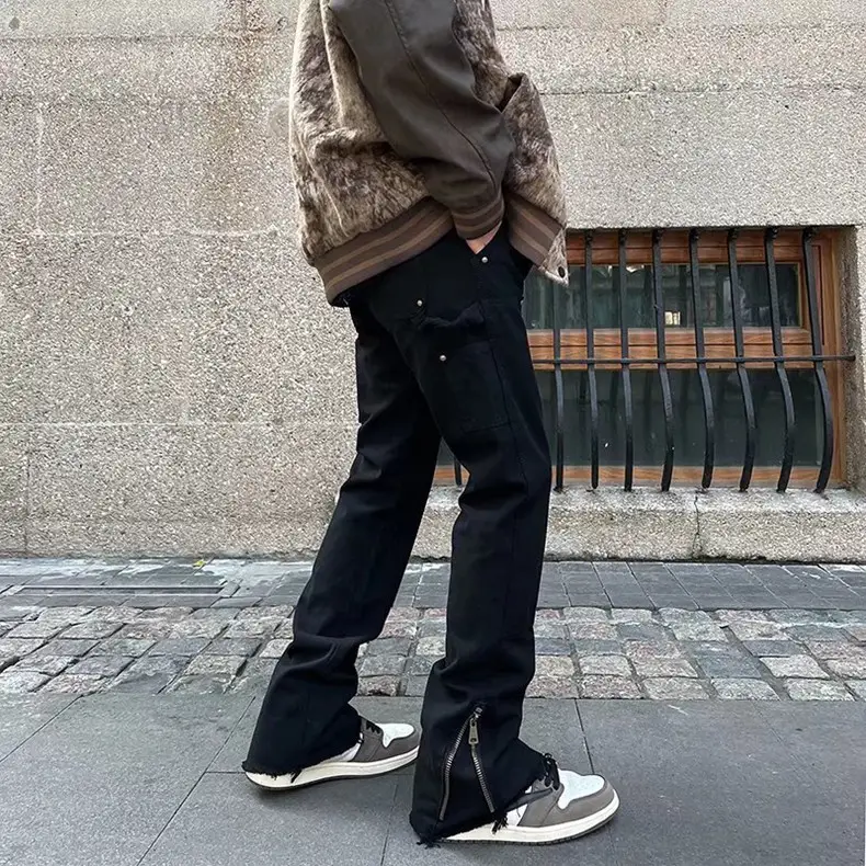 Men's Zipper Split Casual Pants Black Micro-Flared - Image 3