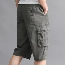 Men Cargo Shorts Olive Cotton Summer Casual Pants - Image 3