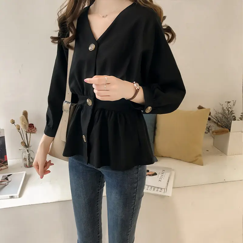 2024 Women's Korean Style V Neck Shirt with Waist Belt - Image 6