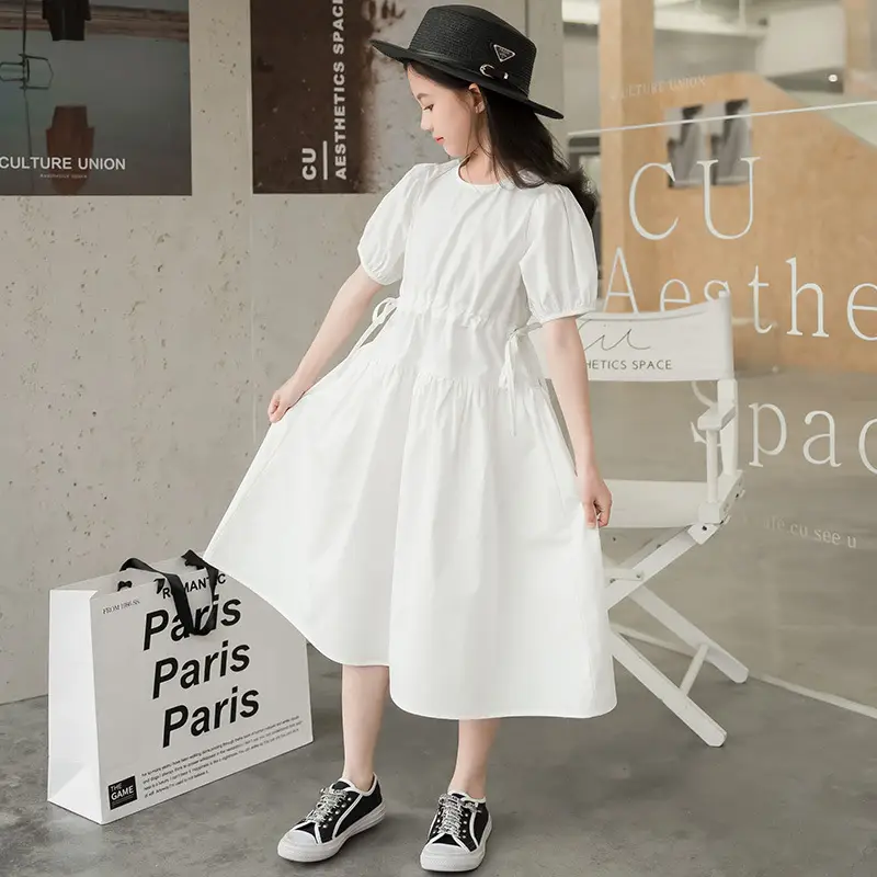 2025 Girls' Korean Style Dress White Medium Large