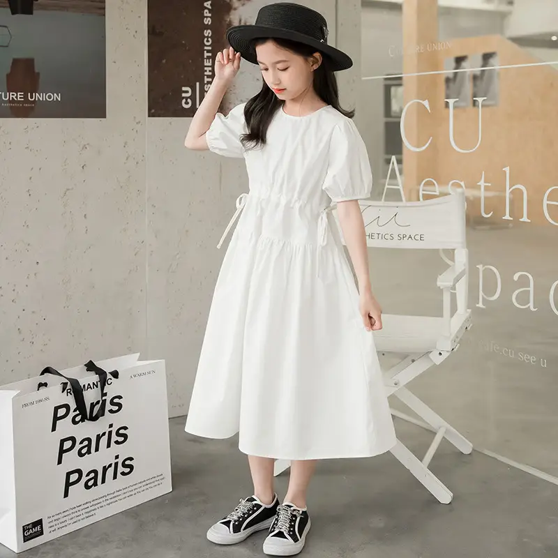 2025 Girls' Korean Style Dress White Medium Large