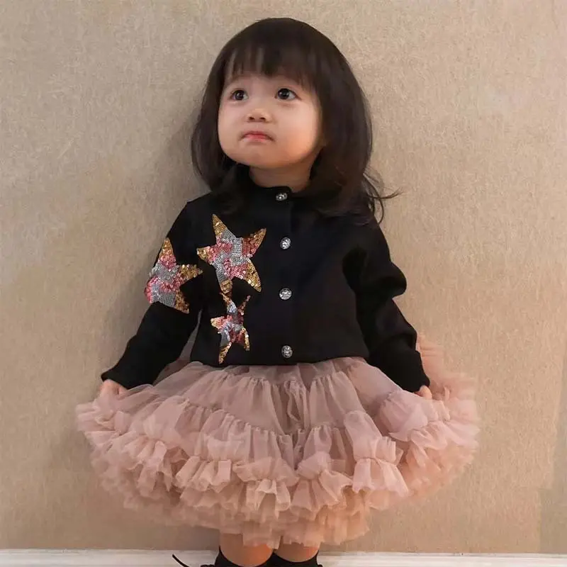 Black Star Embroidered Cardigan for Girls Spring Winter