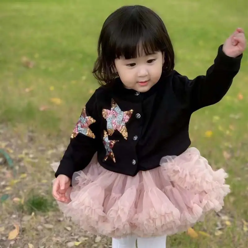 Black Star Embroidered Cardigan for Girls Spring Winter