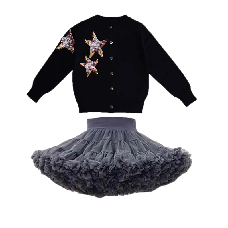 Black Star Embroidered Cardigan for Girls Spring Winter