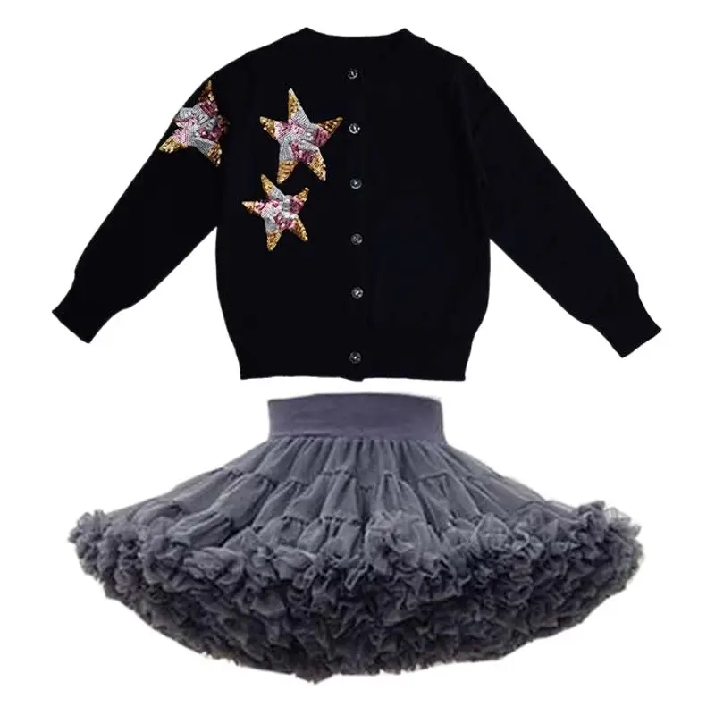 Black Star Embroidered Cardigan for Girls Spring Winter