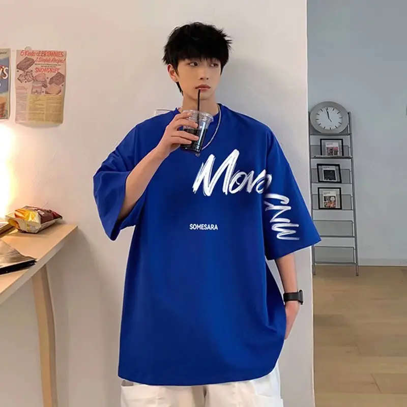 Men Blue Japanese Style Loose T-Shirt 2022 Summer - Image 5