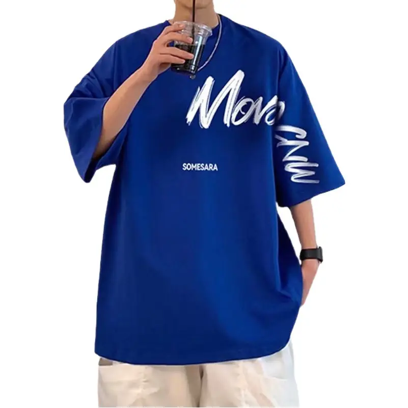 Men Blue Japanese Style Loose T-Shirt 2022 Summer