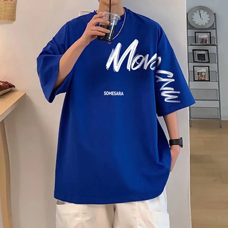 Men Blue Japanese Style Loose T-Shirt 2022 Summer - Image 3