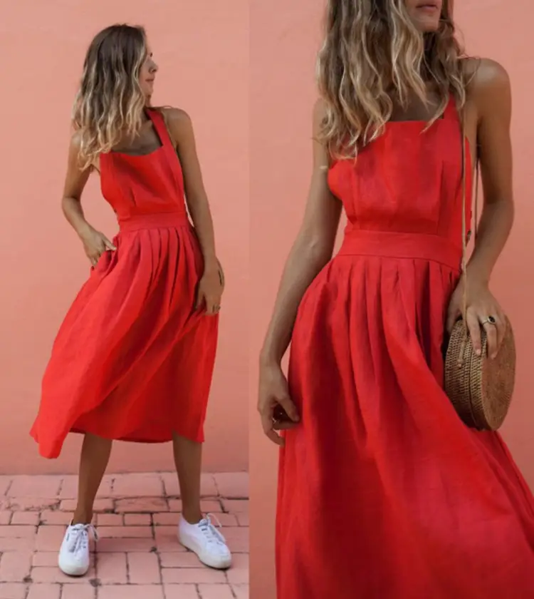 Red Strap Button Waist Pleated Dress for Women