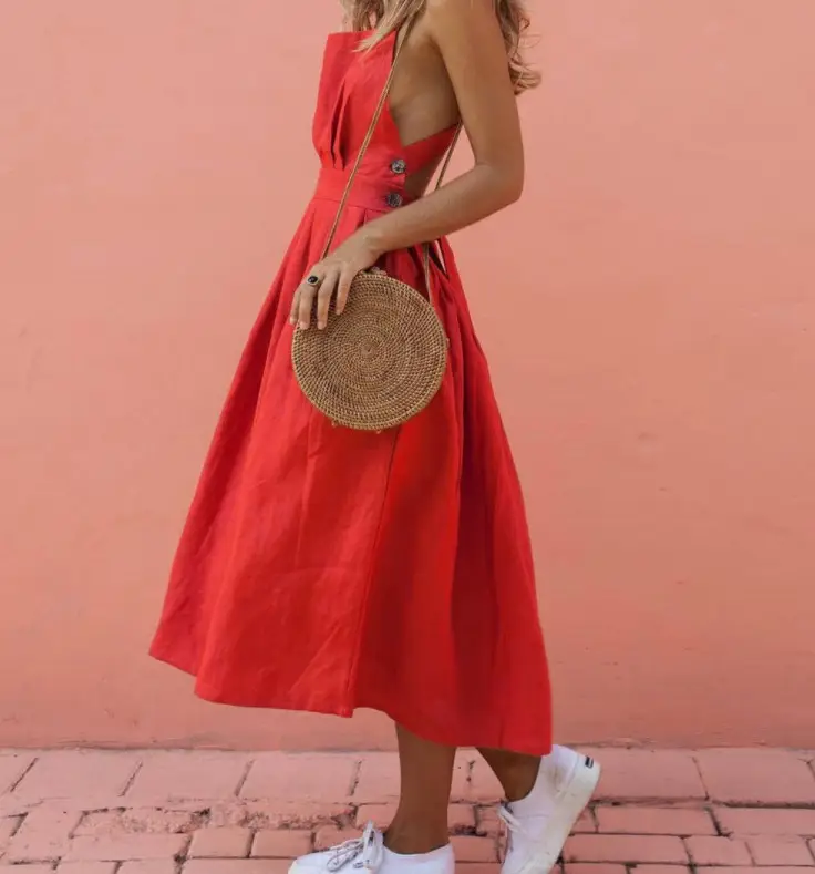 Red Strap Button Waist Pleated Dress for Women — feature 3