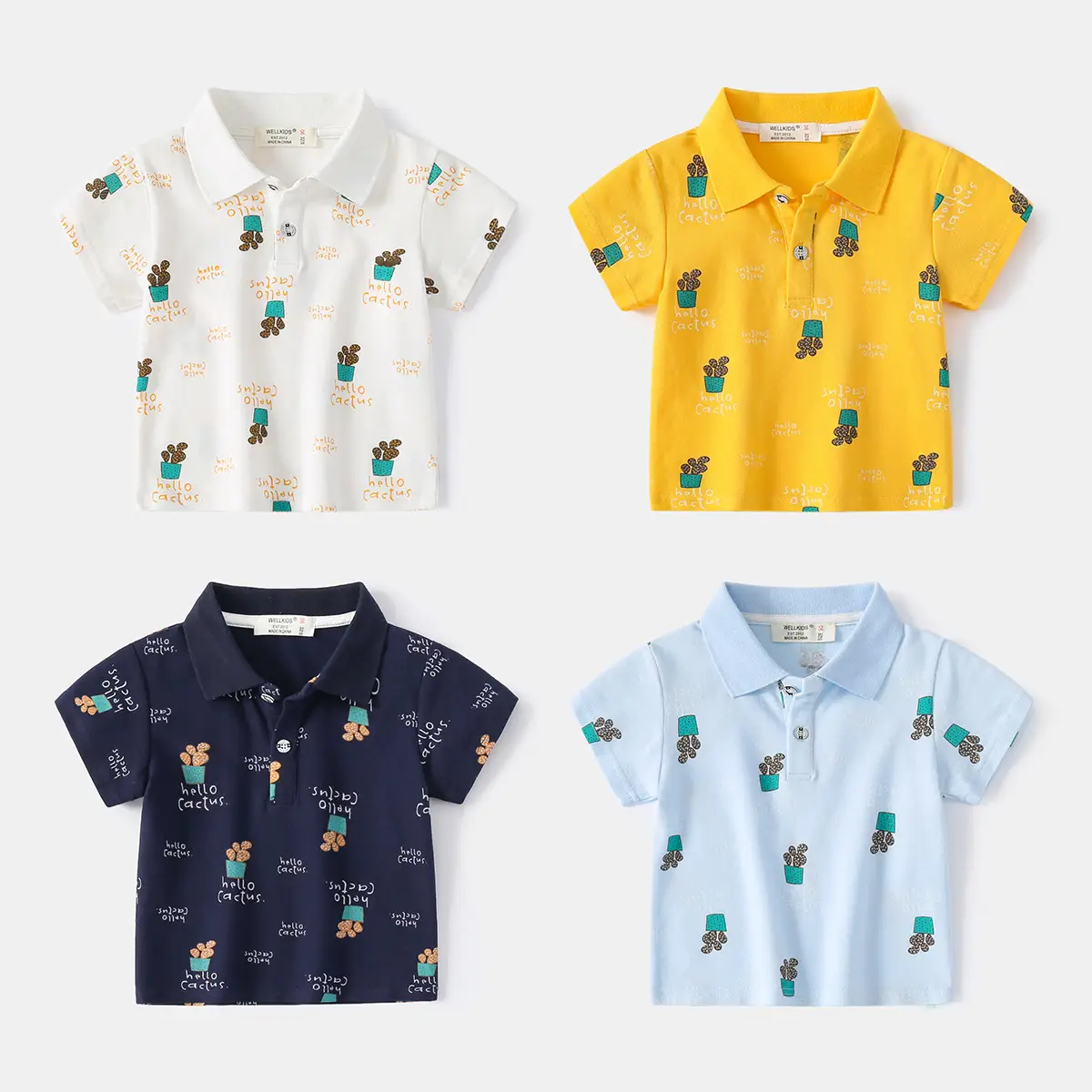 2023 Summer Boys Cotton Polo Shirt Yellow Cactus Print - Image 5