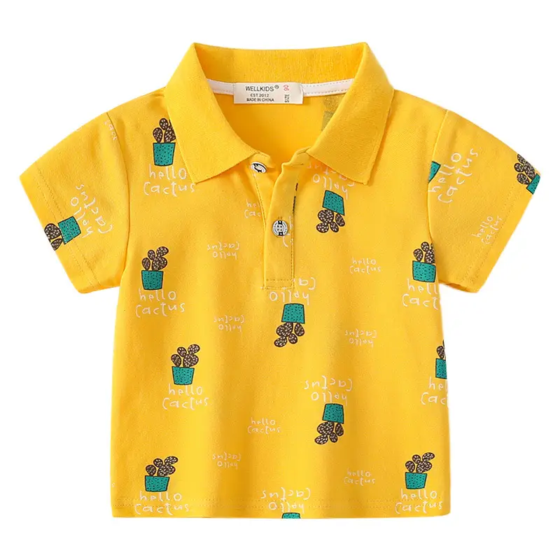 2023 Summer Boys Cotton Polo Shirt Yellow Cactus Print - Image 8
