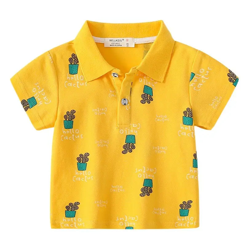 2023 Summer Boys Cotton Polo Shirt Yellow Cactus Print