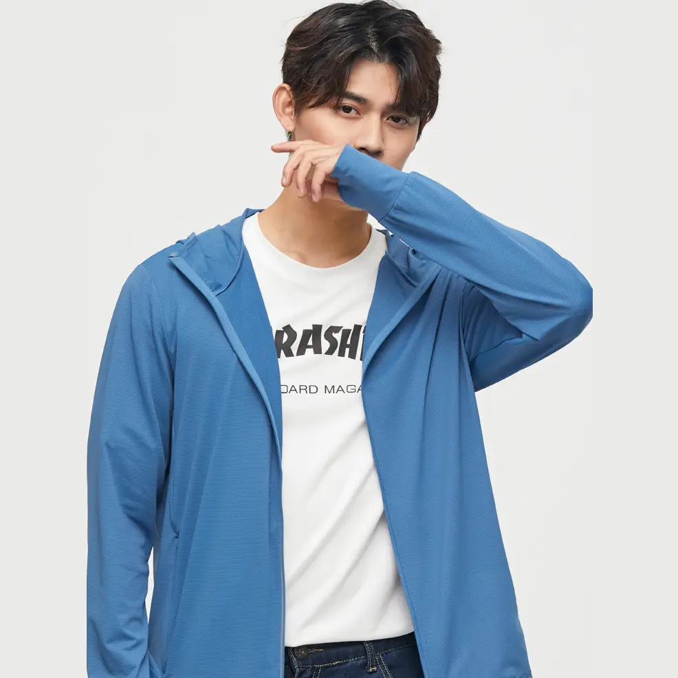 Men's Light Purple Ice Silk Hooded Jacket with V-Neck