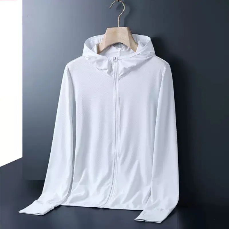 Men's Light Purple Ice Silk Hooded Jacket with V-Neck