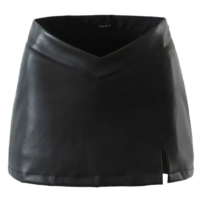 Women's Black Leather Slim Skirt with Slit Hip Design