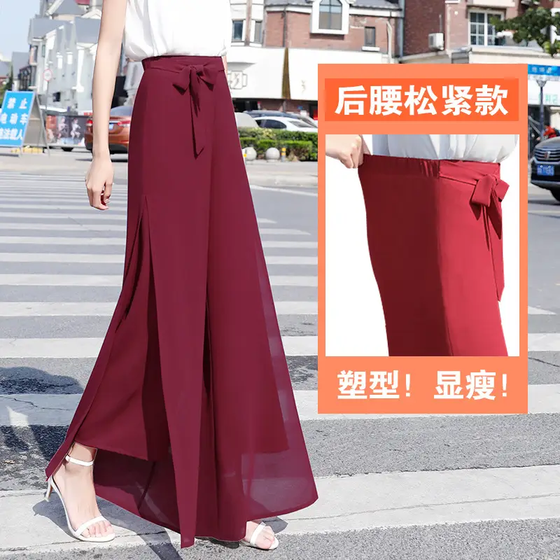 Women Chiffon Wide Leg Pants Red Summer 2022