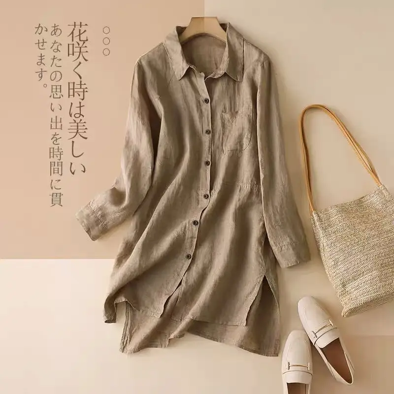 Cotton Linen Button Collar Shirt Brown Mid Length