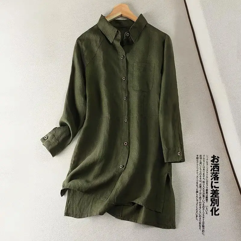 Cotton Linen Button Collar Shirt Brown Mid Length - Image 3