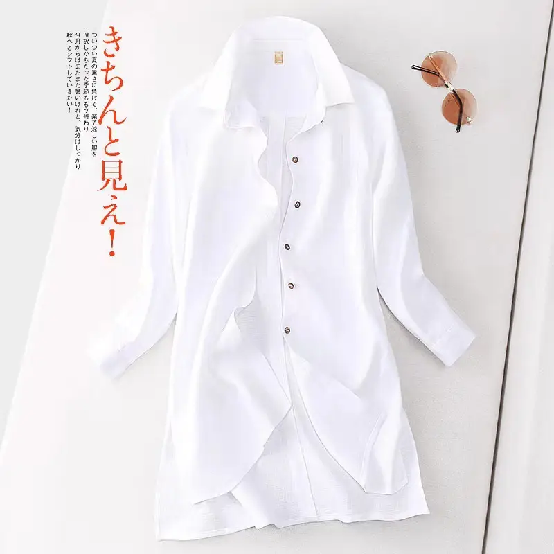 Cotton Linen Button Collar Shirt Brown Mid Length - Image 4