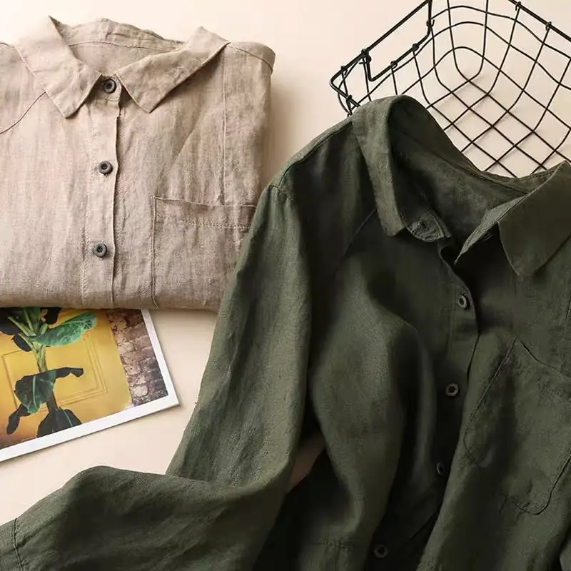 Cotton Linen Button Collar Shirt Brown Mid Length - Image 5