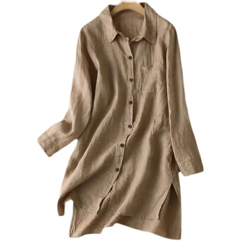 Cotton Linen Button Collar Shirt Brown Mid Length - Image 6