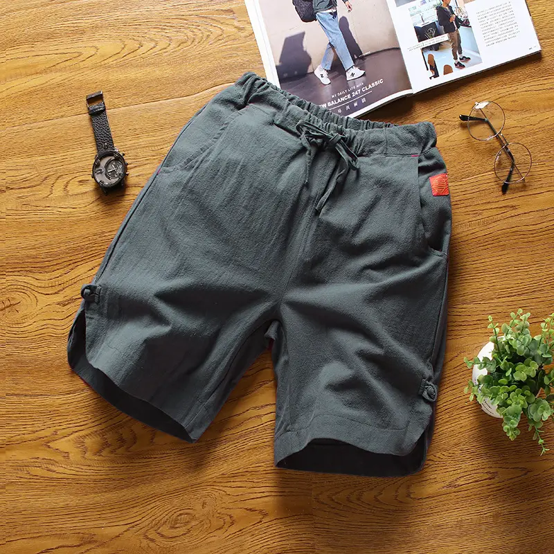 Men's Grey Cotton Linen Shorts Summer Casual Shorts - Image 5