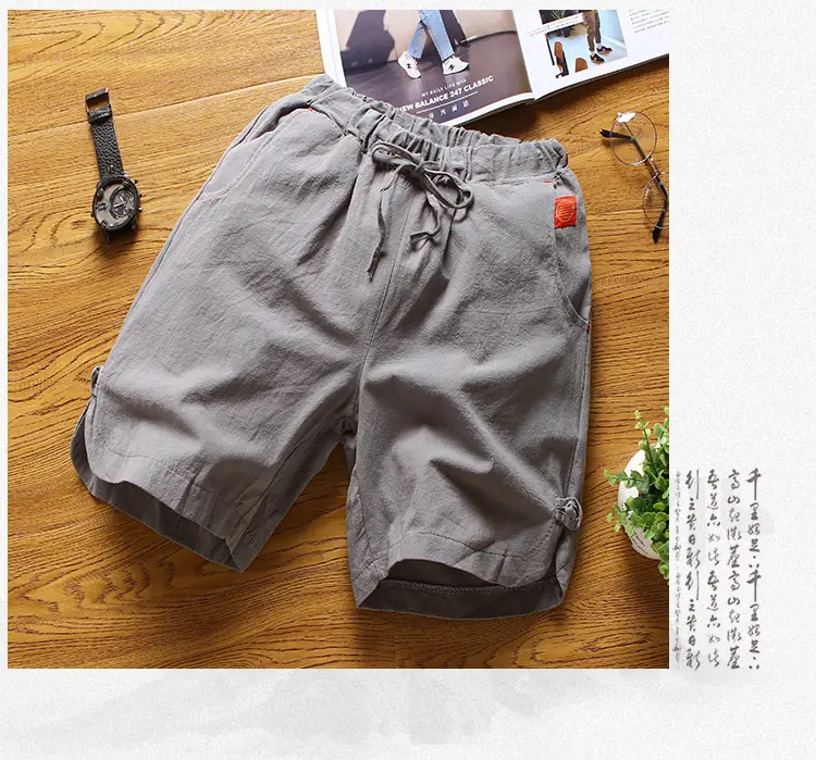 Men's Grey Cotton Linen Shorts Summer Casual Shorts — feature 4