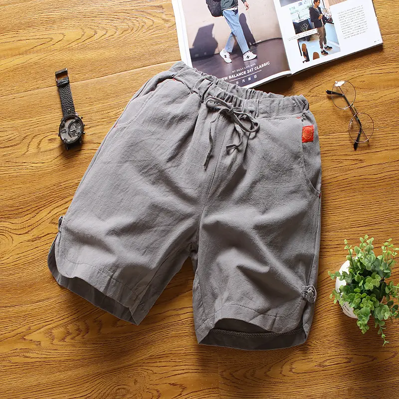 Men's Grey Cotton Linen Shorts Summer Casual Shorts - Image 2