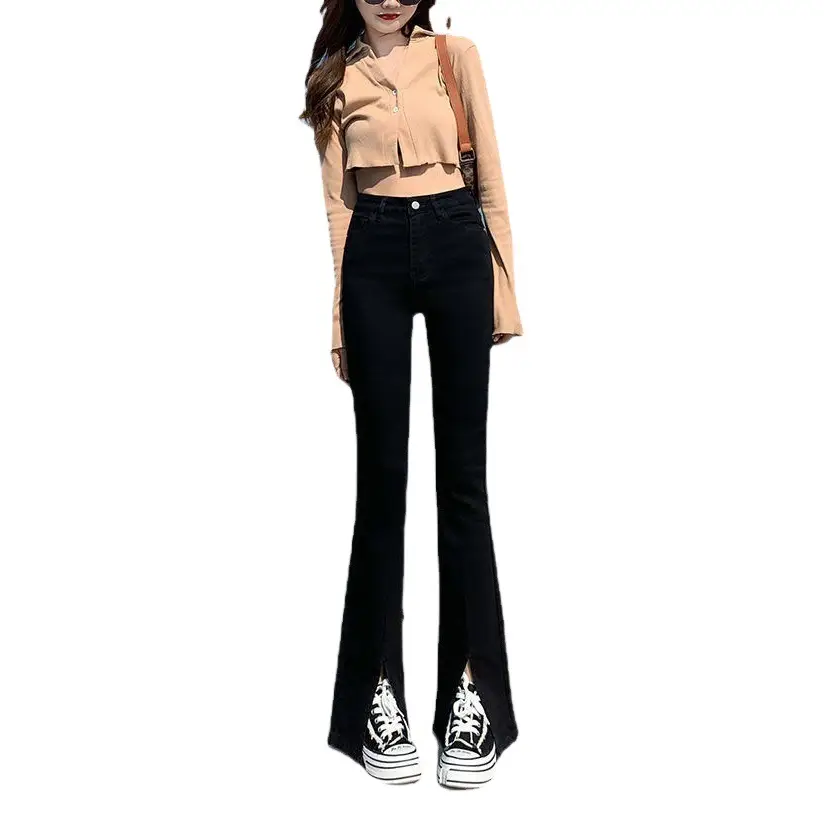 Black Skinny Split Jeans Women Spring 2022 Stretch High Waist Slimming