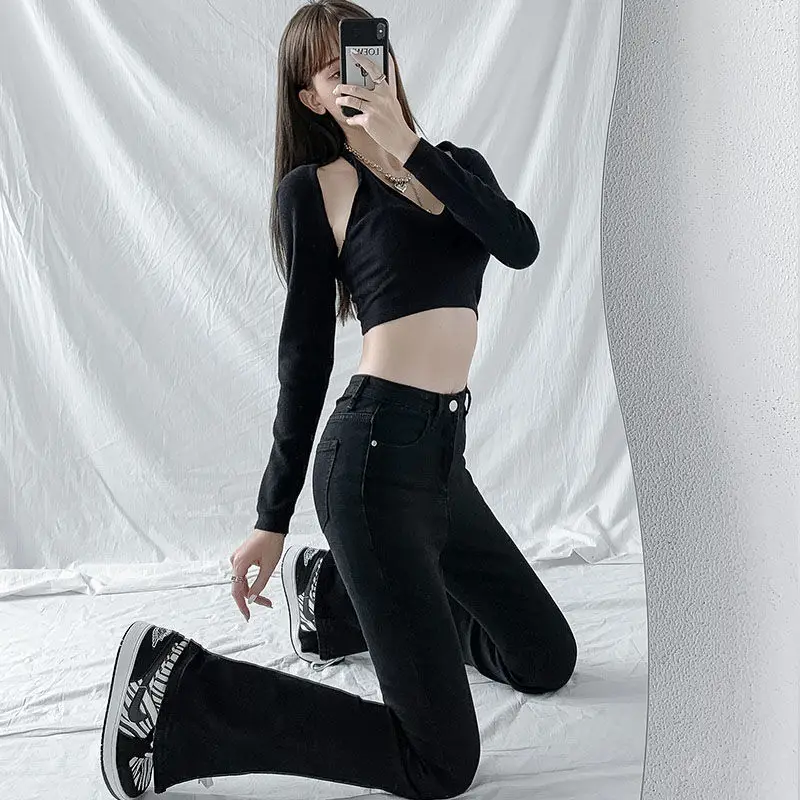 Black High Waist Split Micro Horn Jeans Women Spring Wear 2022