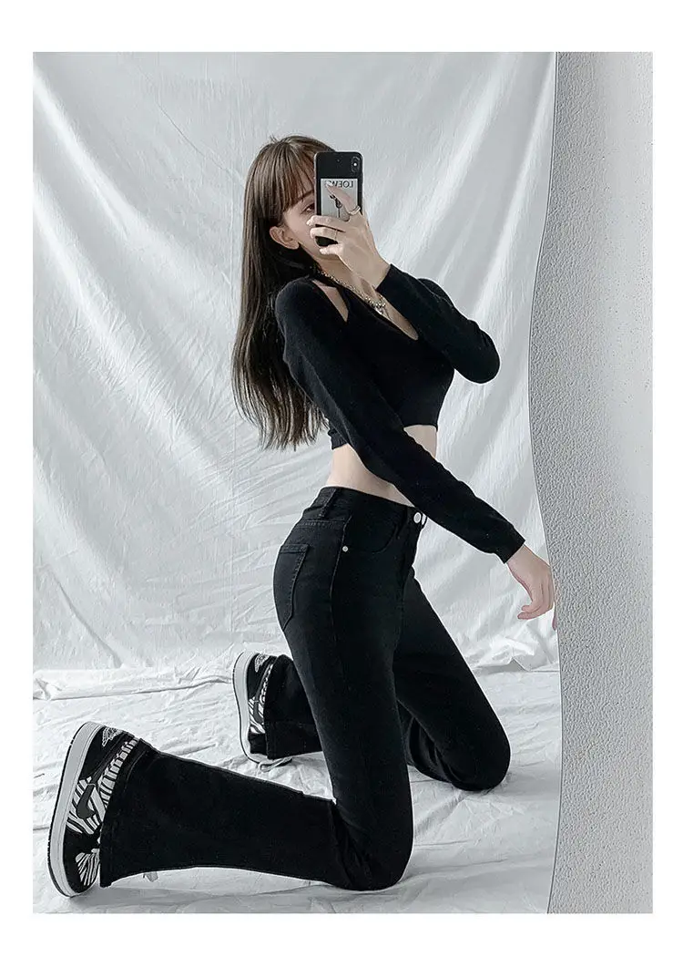 Black High Waist Split Micro Horn Jeans Women Spring Wear 2022 — feature 18