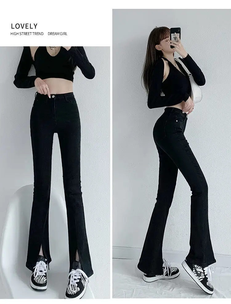Black High Waist Split Micro Horn Jeans Women Spring Wear 2022 — feature 19