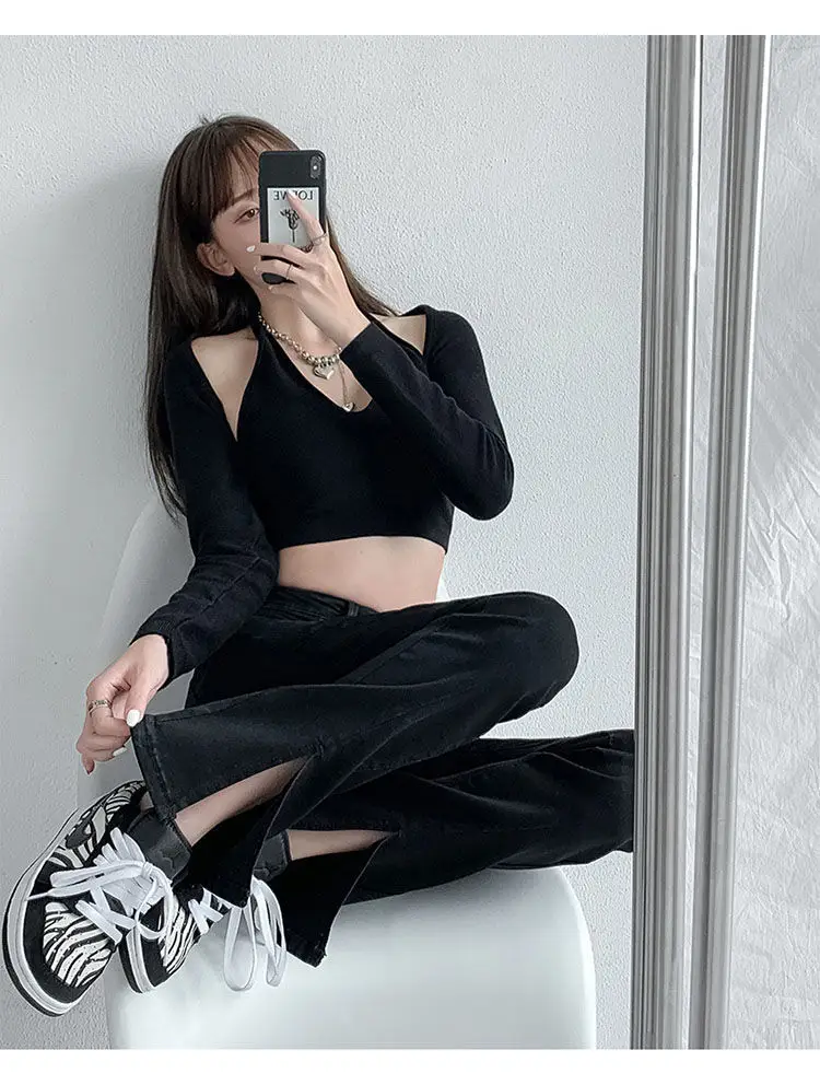 Black High Waist Split Micro Horn Jeans Women Spring Wear 2022 — feature 20