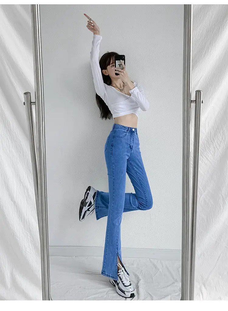 Black High Waist Split Micro Horn Jeans Women Spring Wear 2022 — feature 21