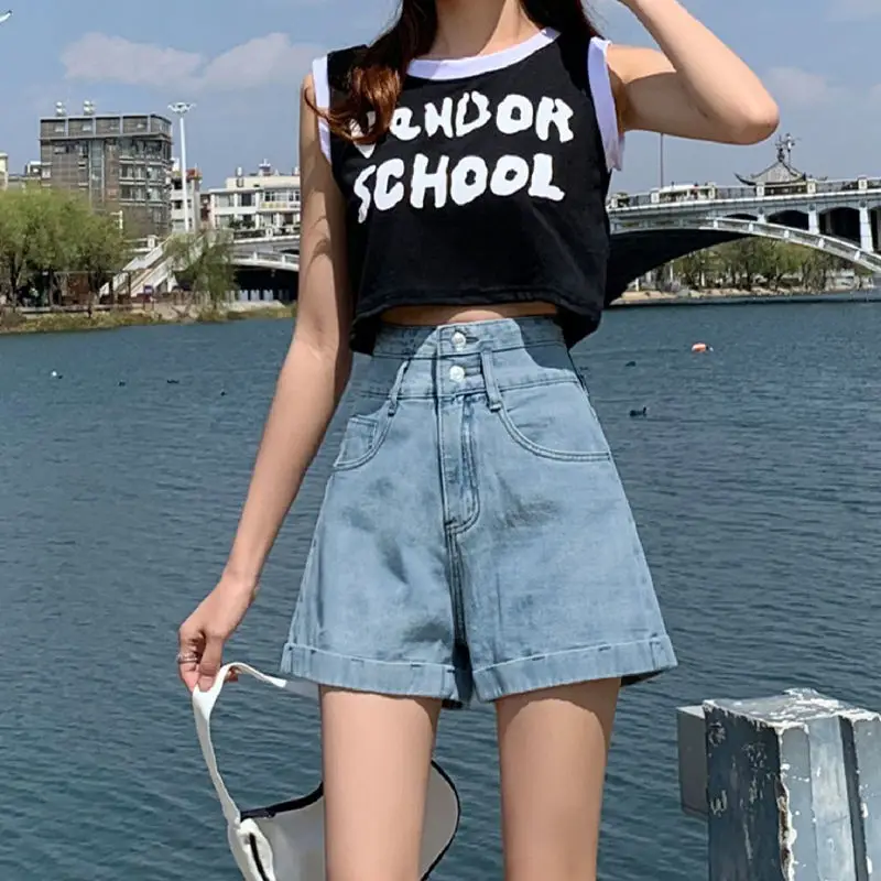 Women Denim Shorts High Waist 2022 Summer Light Blue - Image 5