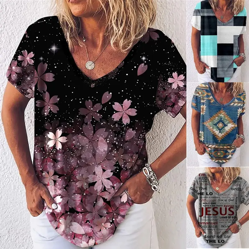 2022 Summer V-Neck Tribal Print T-Shirt Black Teal Grey - Image 7