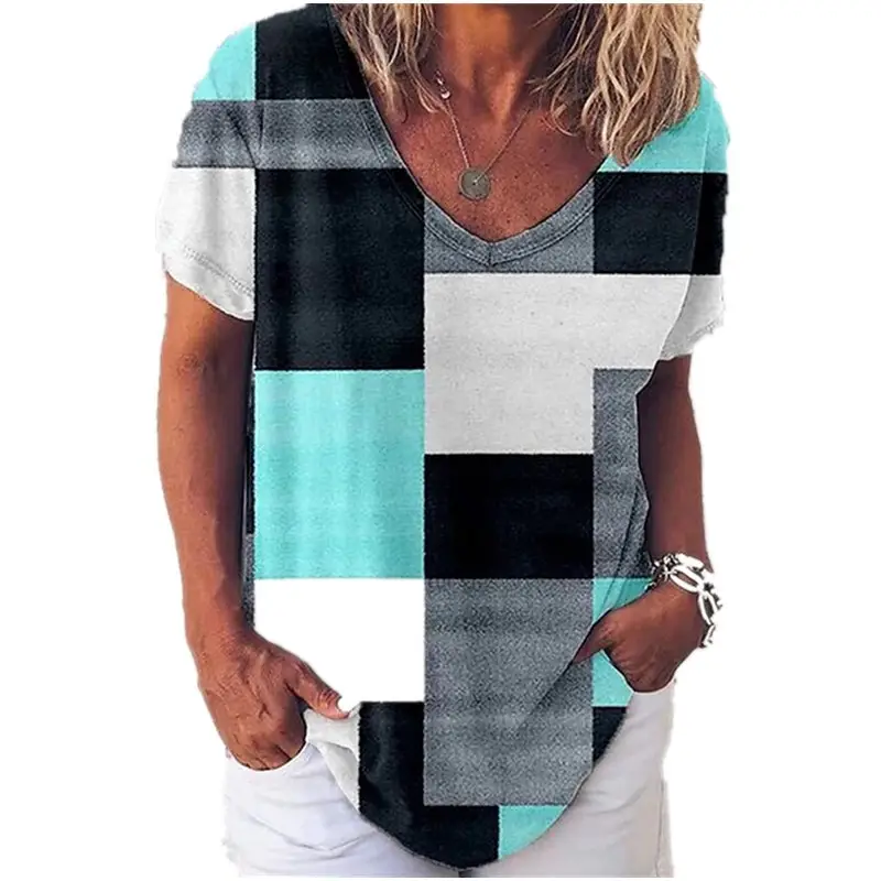 2022 Summer V-Neck Tribal Print T-Shirt Black Teal Grey - Image 5