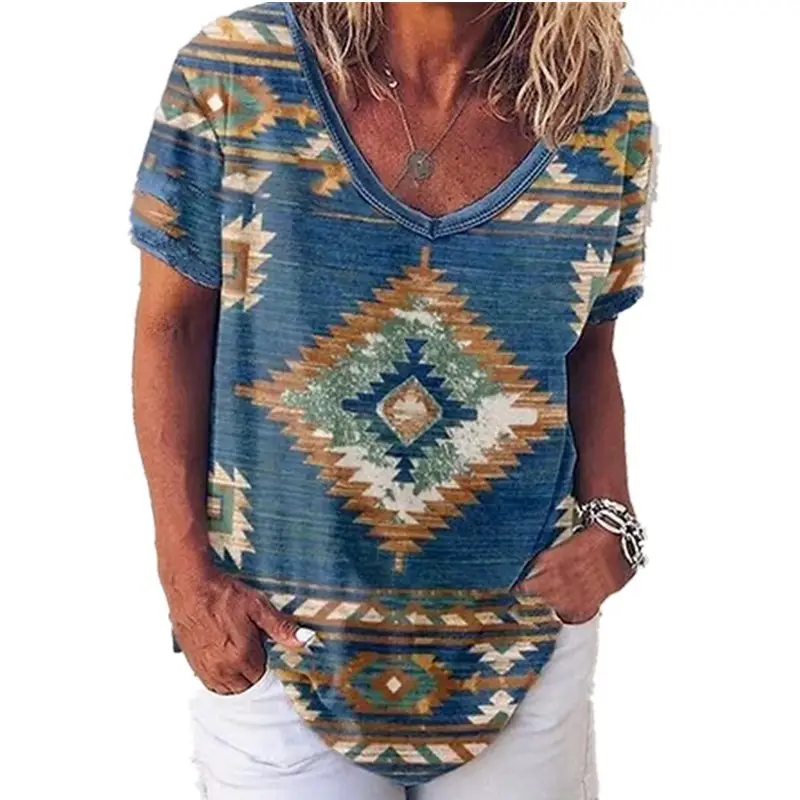 2022 Summer V-Neck Tribal Print T-Shirt Black Teal Grey - Image 4