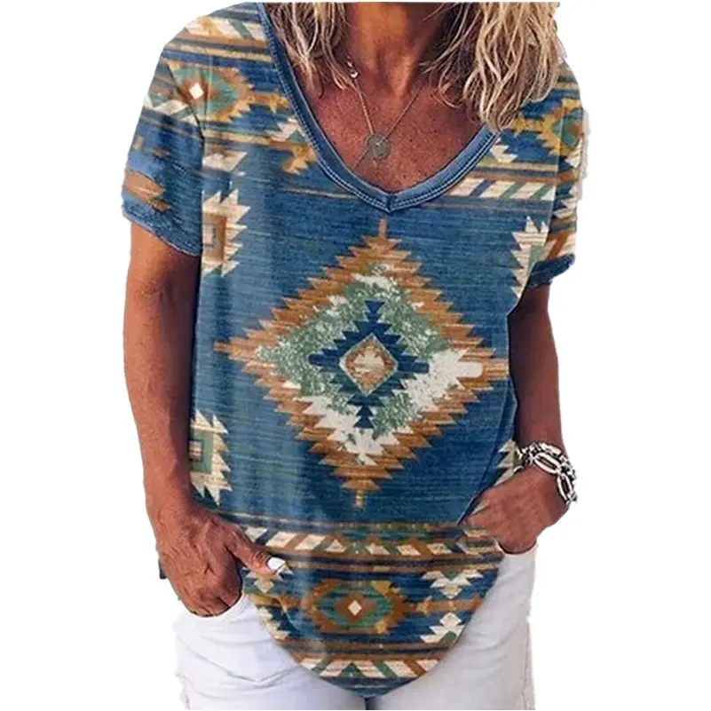 2022 Summer V-Neck Tribal Print T-Shirt Black Teal Grey