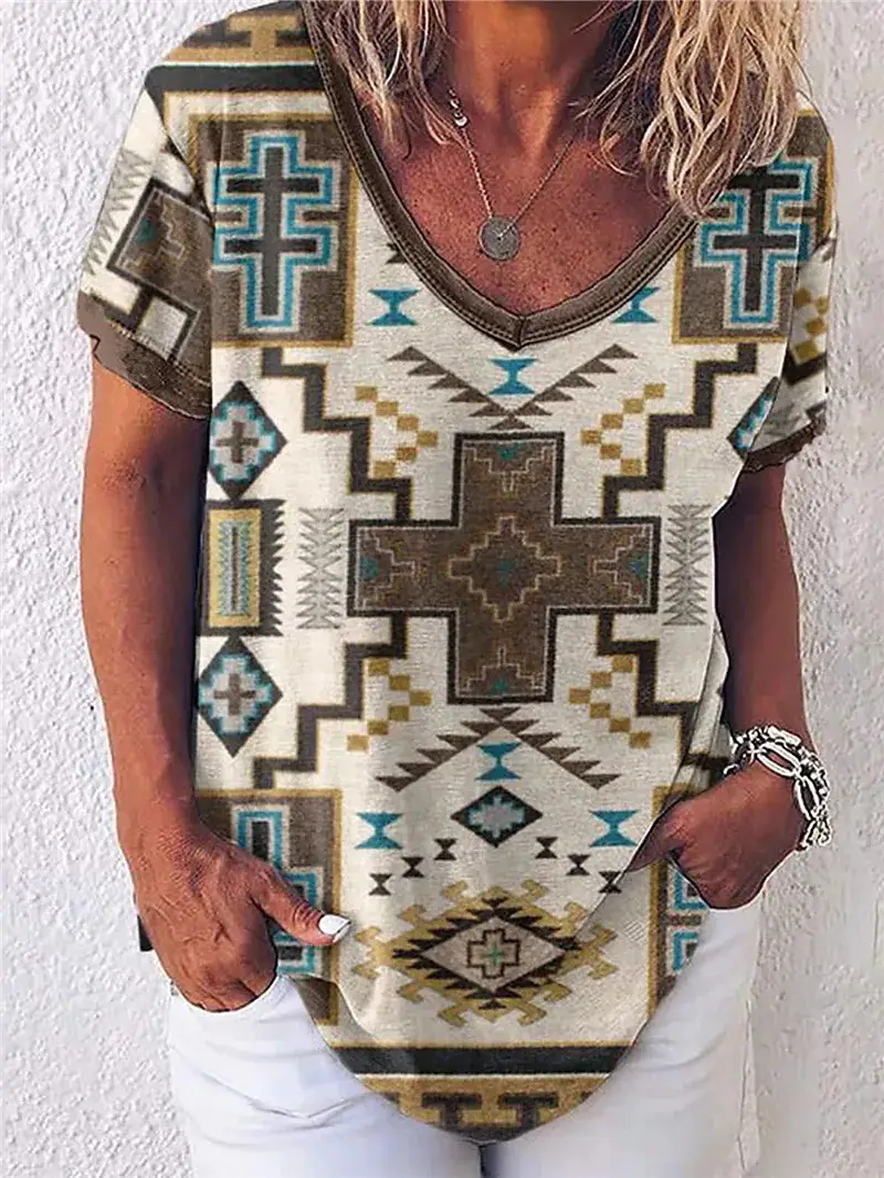 2022 Summer V-Neck Tribal Print T-Shirt Black Teal Grey - Image 3