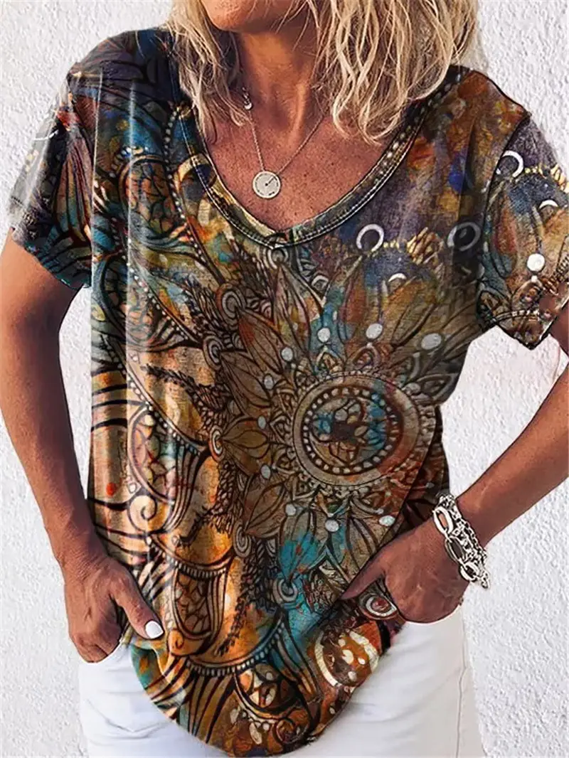 2022 Summer V-Neck Tribal Print T-Shirt Black Teal Grey - Image 6
