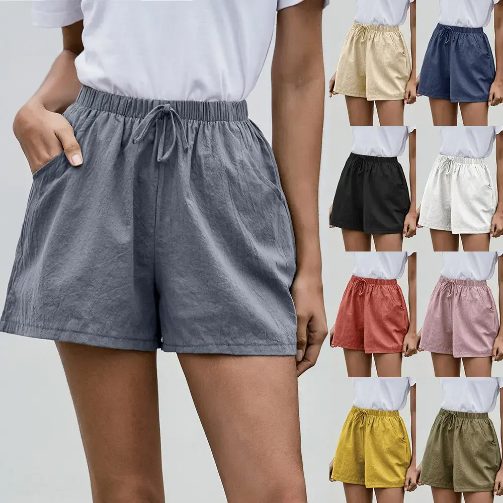 Women Linen A-Line Shorts Coral Loose Wide Legs - Image 8