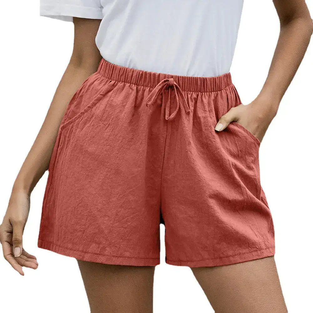 Women Linen A-Line Shorts Coral Loose Wide Legs - Image 12