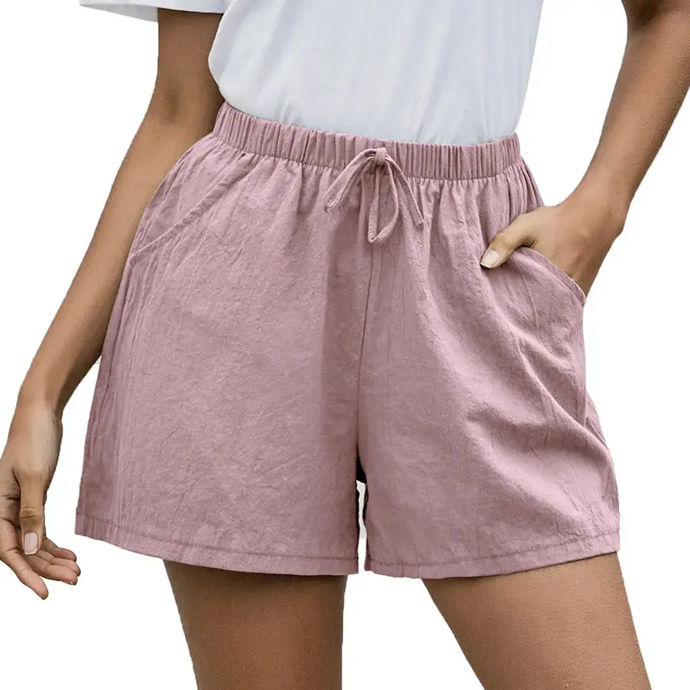 Women Linen A-Line Shorts Coral Loose Wide Legs - Image 4