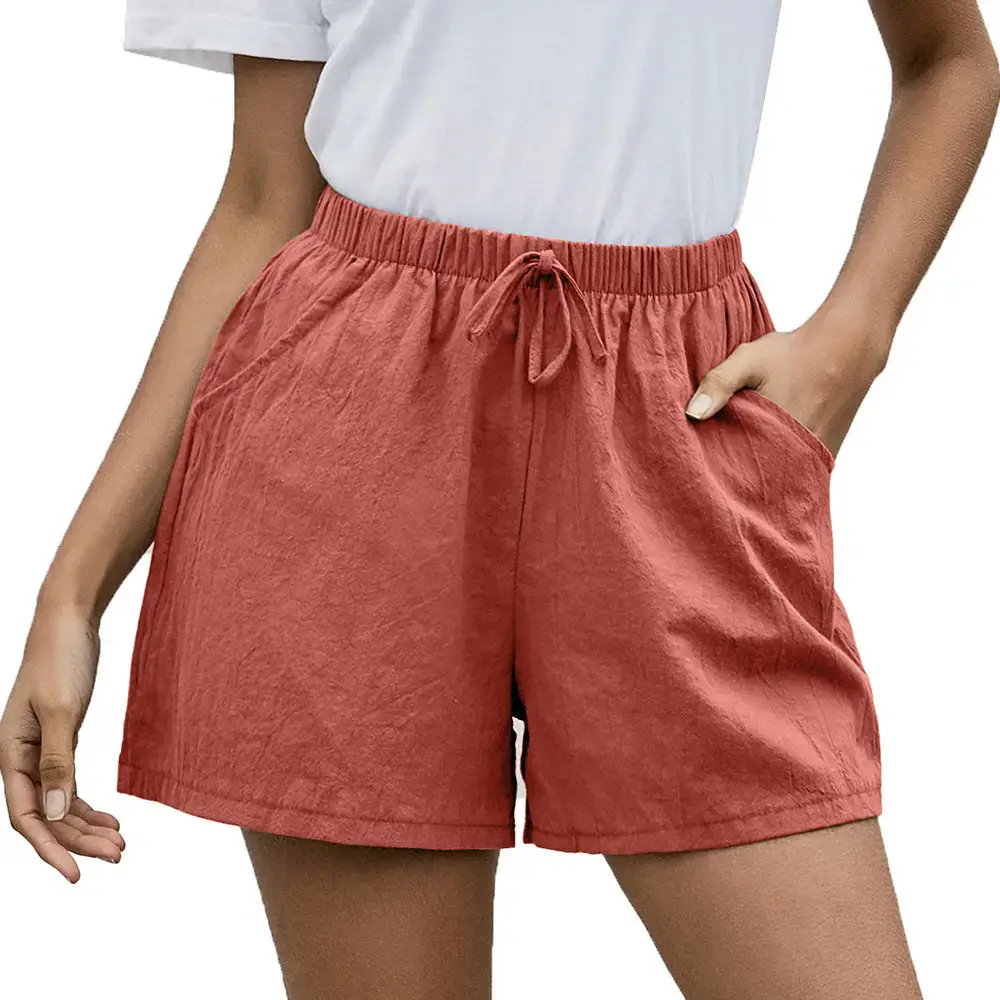 Women Linen A-Line Shorts Coral Loose Wide Legs - Image 6