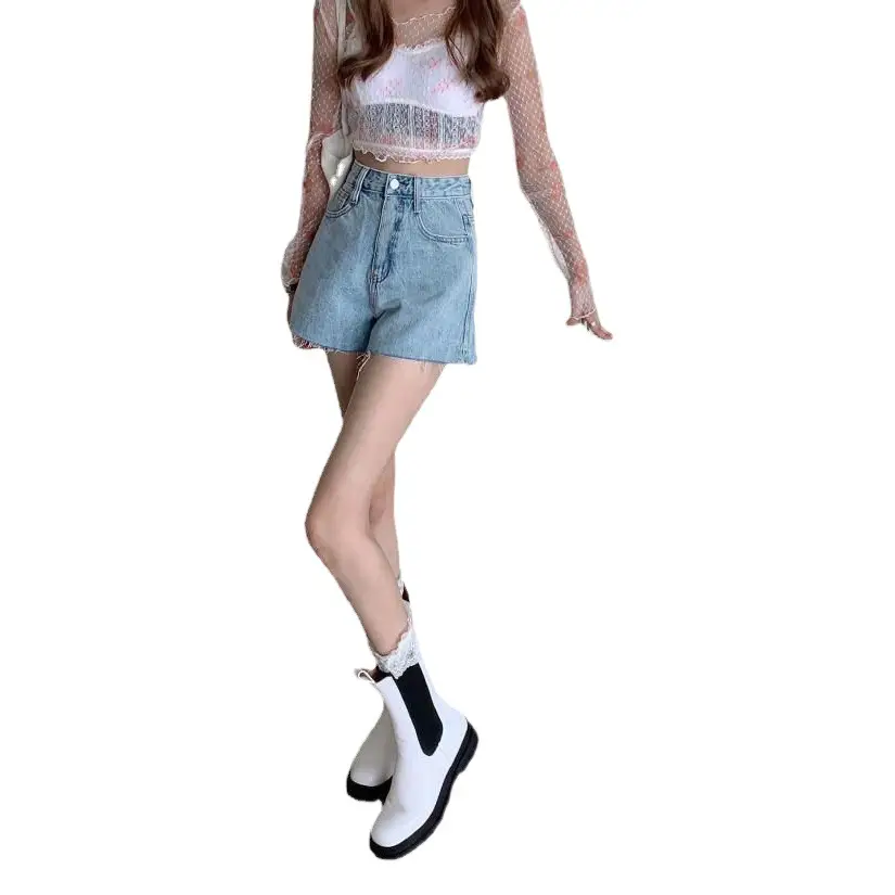 Women Denim Shorts High Waist Light Blue Loose Fit
