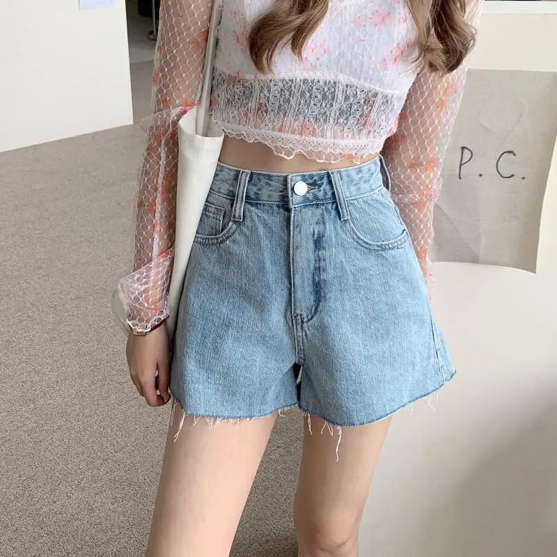 Women Denim Shorts High Waist Light Blue Loose Fit — feature 2